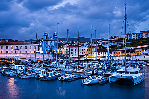 葡萄牙,亚速尔群岛,岛屿,教堂,码头,晚间