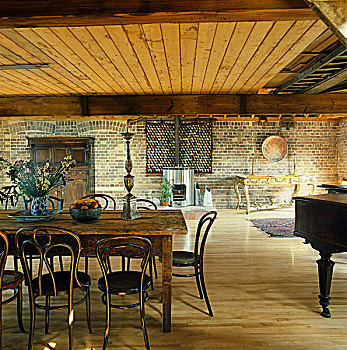 椅子,围绕,老式,松树,桌子,生活空间,阁楼,伦敦,仓库