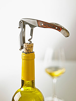 瓶子,白葡萄酒,打开,斟酒,刀