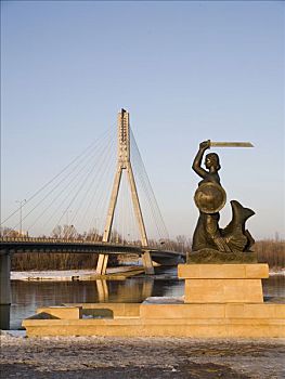 吊桥,雕塑,美人鱼,河,维斯瓦河,华沙,波兰,欧洲
