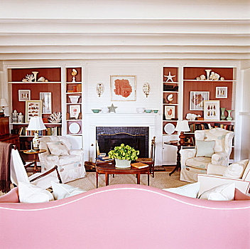 后面,粉色,沙发,壁炉,书架,突显,涂绘,砖,彩色