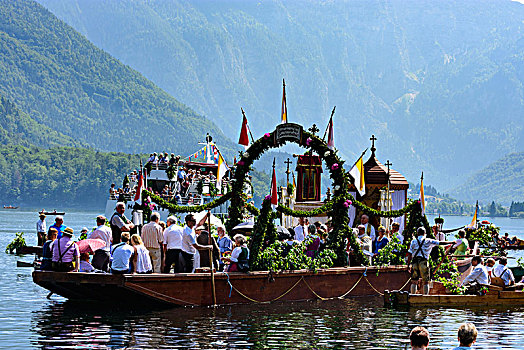 哈尔斯塔特,看,湖,圣体节,队列,船,奥地利,上奥地利州,萨尔茨卡莫古特