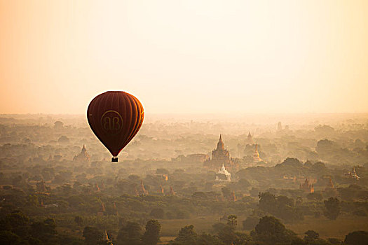 航拍,气球,俯视,古老,庙宇,蒲甘,日出,缅甸