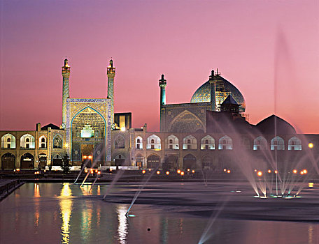 喷泉,正面,清真寺,伊斯法罕,伊朗