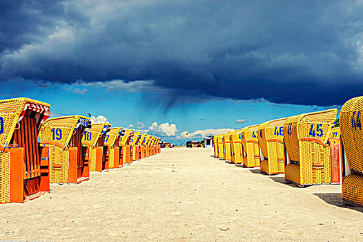 两个,排,黄色,屋顶,海滩藤椅,阳光,背影,梅克伦堡前波莫瑞州,德国,欧洲