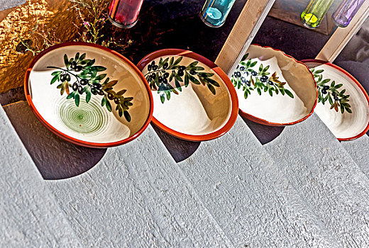 橄榄枝,涂绘,陶瓷,盘子,陡峭,台阶,锡拉岛