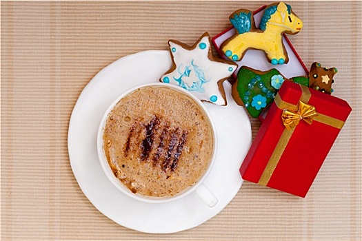 白色,杯子,咖啡,手制,姜饼,蛋糕,礼盒,圣诞节