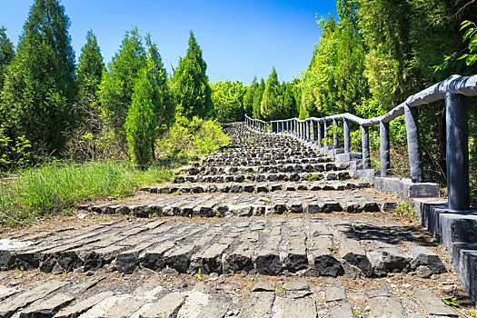 山东昌乐火山地质公园柱状玄武岩铺的石阶路