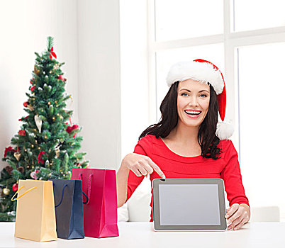 休假,科技,广告,人,概念,微笑,女人,圣诞老人,帽子,购物袋,平板电脑,电脑,上方,客厅,圣诞树,背景