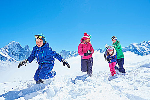 家庭,打雪仗,夏蒙尼,法国