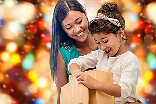 圣诞节,休假,庆贺,家庭,人,概念,高兴,母子,女孩,礼盒,上方,红灯,背景