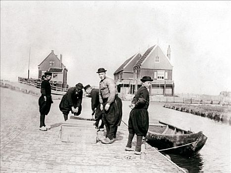 男人,男孩,传统服装,运河,堤岸,岛屿,荷兰,1898年,艺术家