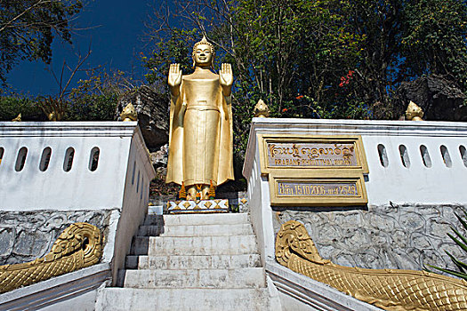 立佛,雕像,庙宇,山,琅勃拉邦,老挝,印度支那,亚洲