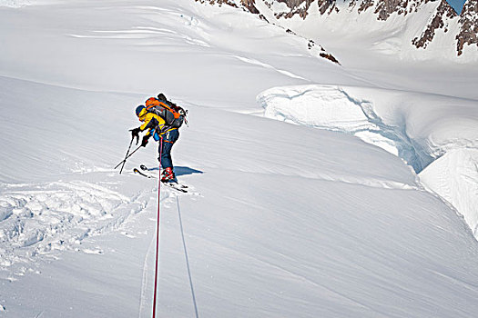 滑雪者,绳索,固定保护绳,探查,遮盖,危险,缝隙,冬天,阿拉斯加