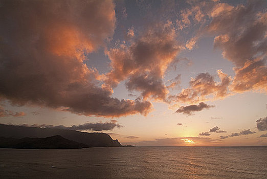 日落,上方,海洋,湾,考艾岛,夏威夷,美国