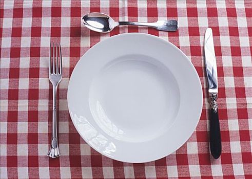 盘子,刀,叉子,勺子,方格,桌布
