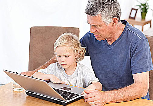 可爱,男孩,爷爷,看,笔记本电脑,在家