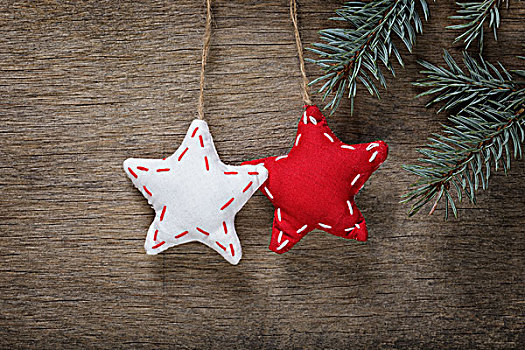 旧式,圣诞节,装饰,星,悬挂,云杉,细枝,木条板