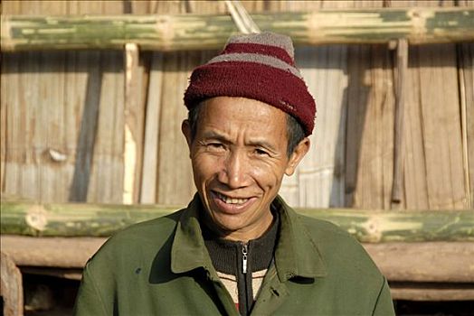 肖像,微笑,老挝人,男人,阿卡族,种族,戴着,帽子,禁止,靠近,省,老挝,东南亚,亚洲