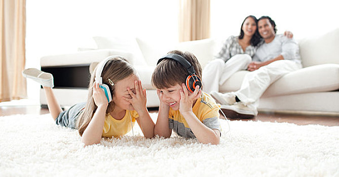 笑,孩子,听,音乐,耳机