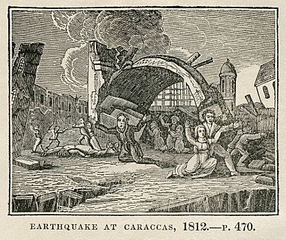 地震,加拉加斯,1812年,插画,书本,历史,柜子,年轻,纽黑文