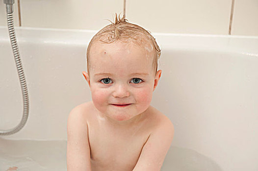 男孩,2岁,微笑,浴缸,肖像