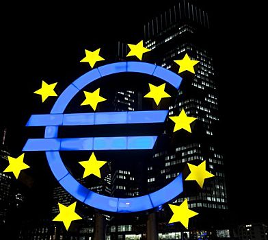 欧元符号,夜晚,正面,欧洲,中央银行,法兰克福,黑森州,德国