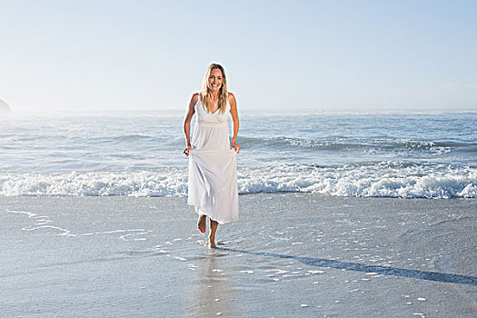 漂亮,金发,海滩,白人,太阳裙