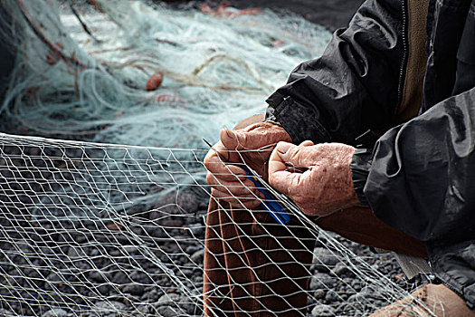 渔民,修理,网,圆石滩
