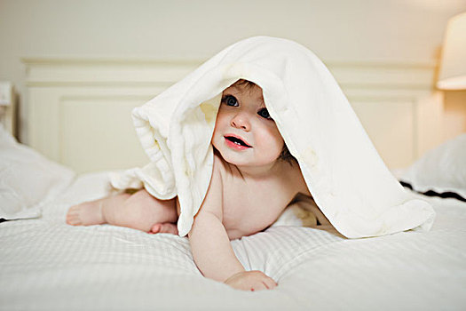 可爱,婴儿,隐藏,毯子,卧室