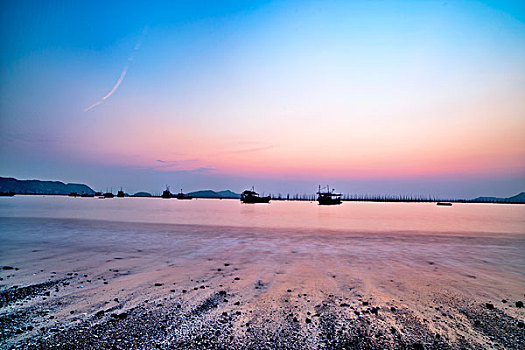 福建霞浦,海,渔船,海滩,晚霞