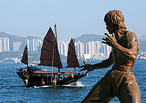 中国帆船,李小龙,雕塑,维多利亚港,香港