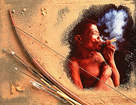 抽象拼贴画,丛林原住民,拿着,烟斗,山谷,博茨瓦纳
