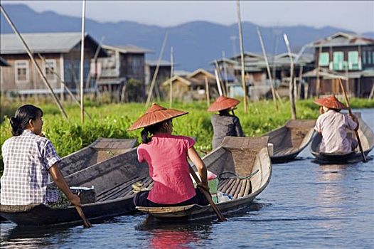 缅甸,茵莱湖,女人,划船,木质,船,市场,特色,房子,背景