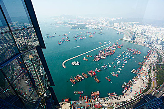 4653香港,商场,大厦,大楼,建筑,天际100大厦,维多利亚港,港口,轮船,俯视,全景