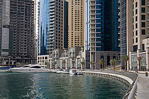 阿联酋,迪拜,码头,人行道,湾,游艇,建筑,背景