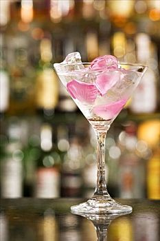 鸡尾酒,粉红玫瑰,花瓣,冰块,高脚玻璃杯