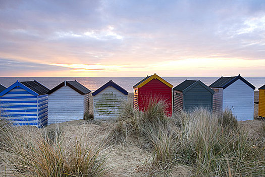 英格兰,黎明,沙丘,彩色,海滩小屋,海边,海岸