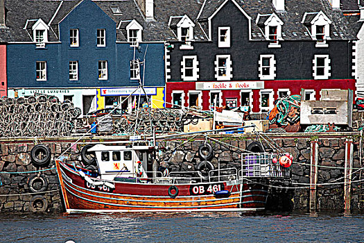 苏格兰,茂尔岛,渔船,彩色,水岸,房子,港口