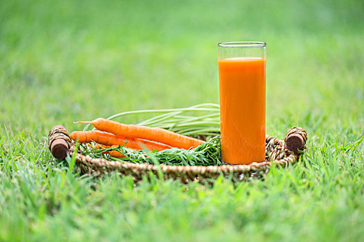 放在草地上的胡萝卜和胡萝卜汁