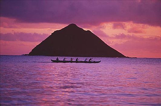 夏威夷,瓦胡岛,舷外支架,独木舟,团队,海洋,练习,日出,粉色,天空,岛屿,背景