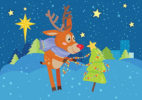 鹿,围巾,装饰,圣诞树,雪,蓝色,背景,有趣,驯鹿,新年,可爱,哺乳动物,冷杉,花环,风格,矢量,插画