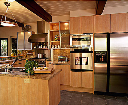 现代,厨房,木头,玻璃,柜厨,砖瓦,墙壁,室内,天然材料,彩色