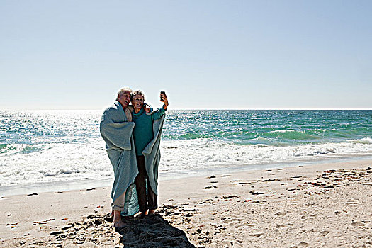 伴侣,海滩,毯子,摄影