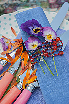 堇菜属,蓝色背景,亚麻布,餐巾,系,珠子,项链