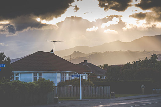 日落,山,新西兰
