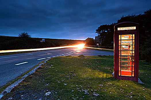 英格兰,德文郡,光影,汽车,红色,电话亭,旁边,道路,达特姆尔高原,国家公园