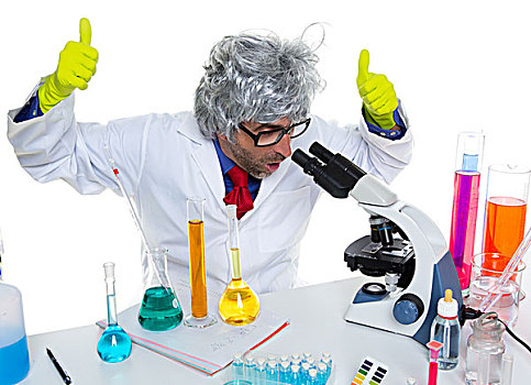 疯狂,呆痴,科学家,实验室,显微镜,手势