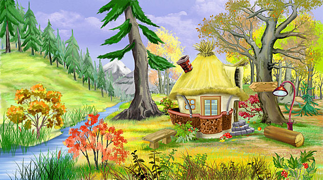 小,童话,房子,靠近,河,秋日树林