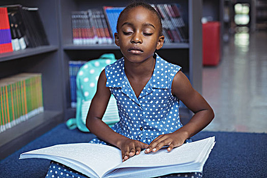 女孩,读,盲文,书本,图书馆,坐